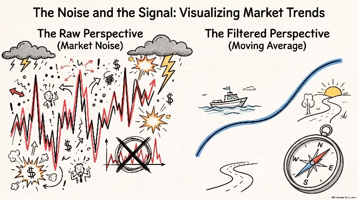 Sketch titled The Noise and the Signal: on the left, a jagged price line surrounded by storm clouds, lightning and panicked figures; on the right, one smooth blue moving-average line with a calm boat, a sunny road and a compass.