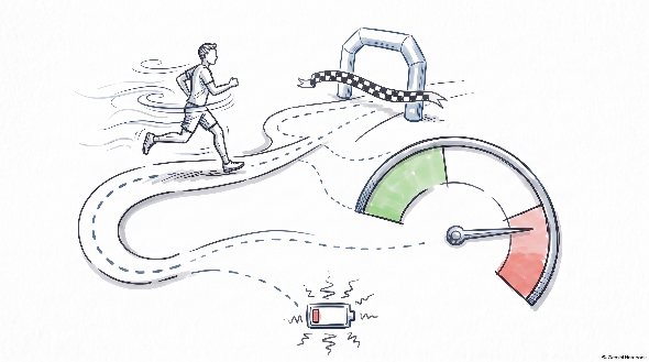 Sketch of a runner on a winding road towards a finish arch, with a speed gauge whose needle is in the red zone and a nearly empty battery below.