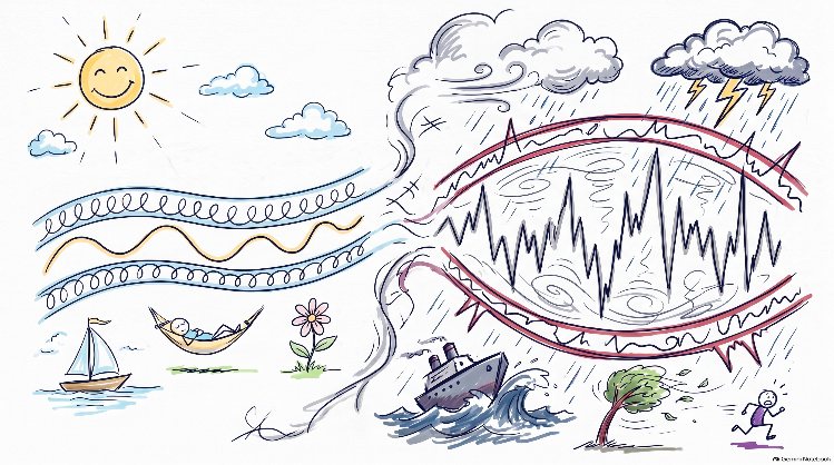 Sketch of calm, gentle wave lines under a sunny sky with a sailboat and a hammock, changing into a wide, jagged price line between stretched red bands in a storm with a tossed ship.