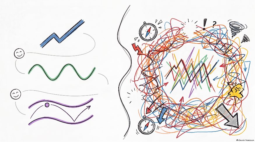 Sketch contrasting three clean, simple indicator lines with smiling faces on the left, against a tangled mess of dozens of coloured lines, arrows and compasses on the right.