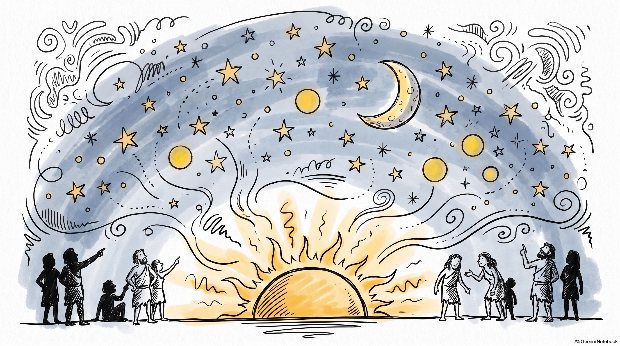 Ancient people pointing at the rising sun, the moon and the stars across the night sky