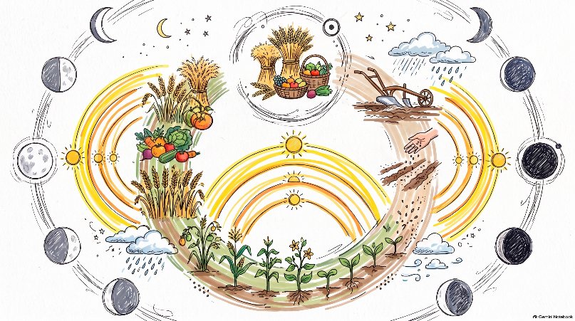 The cycle of a year: the phases of the moon around the sun, with ploughing, sowing, growing and the harvest