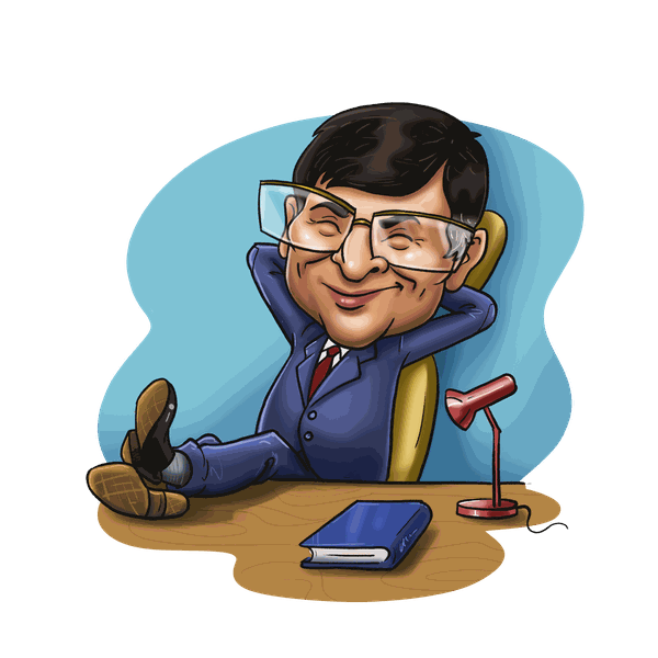 Cartoon of Anant Acharya leaning back at his desk with his feet up