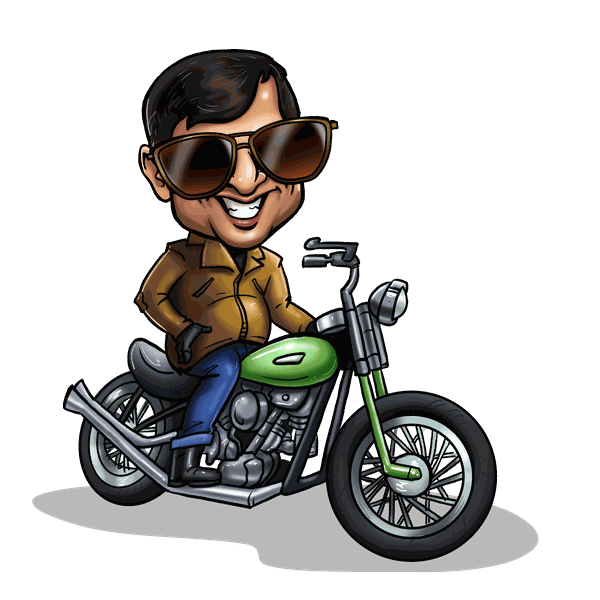 Cartoon of Anant Acharya riding a motorcycle