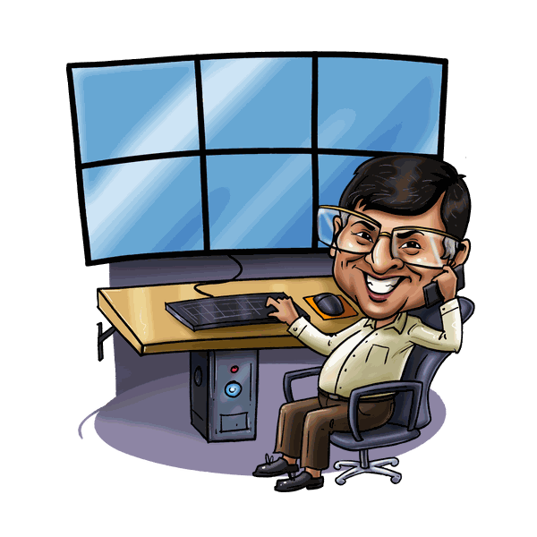 Cartoon of Anant Acharya at a desk of trading screens