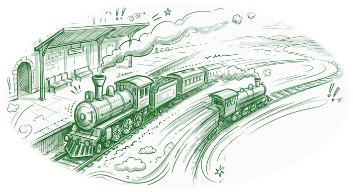 Hand-drawn sketch of a steam train at a station platform, with a second train pulling away along a curving track